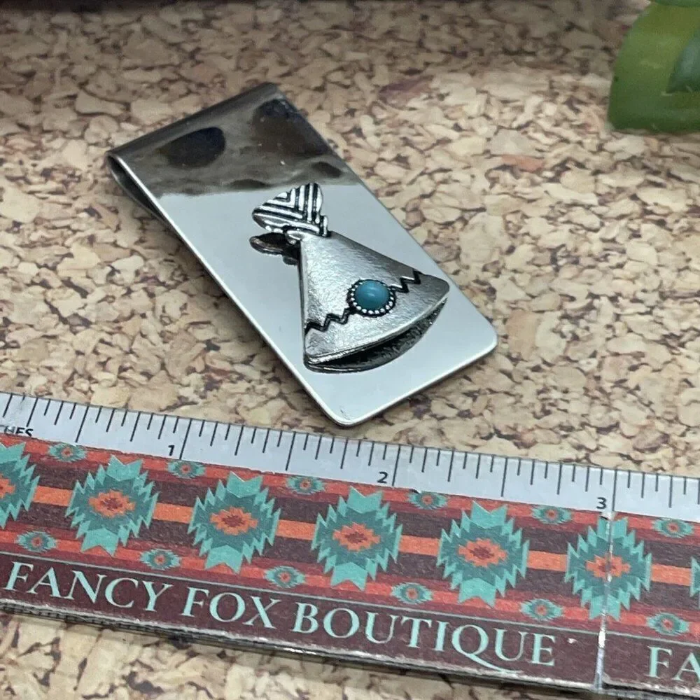 Teepee Tipi Native American Money Clip Stainless Steel Arrow Quality  Turquoise